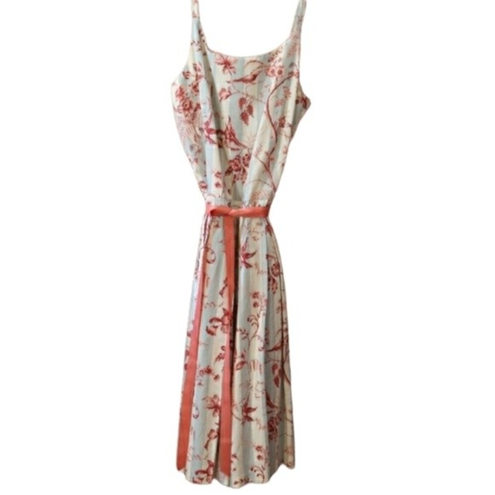 J.P. & Mattie Floral Bird Print Striped Chambrey Dress Ribbon Sash LG